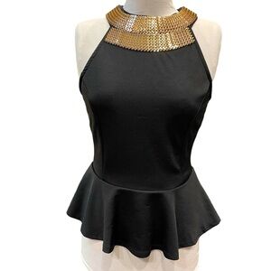 Gievergate Black Top Women’s S with Gold Metal Accent Collar and Ruffle Bottom